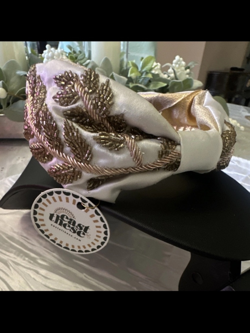 Boutique Beaded Ivory Satin Knotted Headband with Gold Embroidery-New